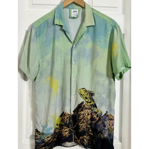 ZARA Iguana Lizard Short Sleeve John B Outer Banks Button Up Shirt XL Beach Day - Picture 1 of 3